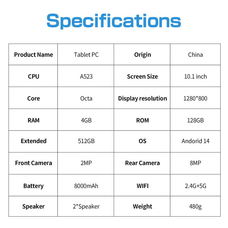 10.1 Inch Android 14 Tablet, Large Screen Entertainment Office Dual Channel Speaker Tablet, HD Screen Tablet with 128G Storage, 2.4G/5G Wifi Wireless Tablet, Portable Tablet