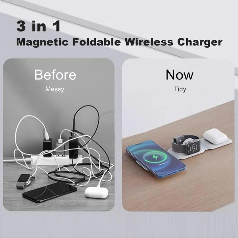 3 in 1 Magnetic Folding Wireless Mobile Portable Charger for Iphone, Apple Watch & Airpods Headphones, 1 Piece Charging Stand, Foldable Cellphone Charger, Portable Wireless Charger for Apple Series Android Cable Devices Smartphone Electronic
