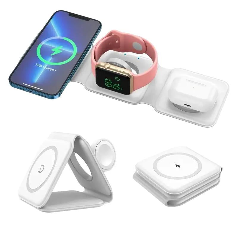 3 in 1 Magnetic Folding Wireless Mobile Portable Charger for Iphone, Apple Watch & Airpods Headphones, 1 Piece Charging Stand, Foldable Cellphone Charger, Portable Wireless Charger for Apple Series Android Cable Devices Smartphone Electronic