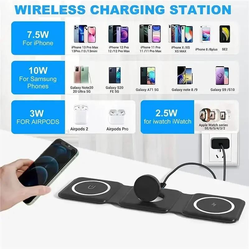 3 in 1 Magnetic Folding Wireless Mobile Portable Charger for Iphone, Apple Watch & Airpods Headphones, 1 Piece Charging Stand, Foldable Cellphone Charger, Portable Wireless Charger for Apple Series Android Cable Devices Smartphone Electronic