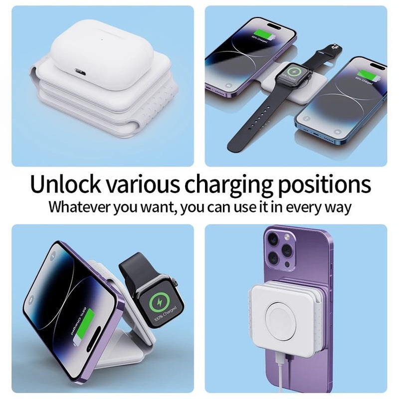 3 in 1 Magnetic Folding Wireless Mobile Portable Charger for Iphone, Apple Watch & Airpods Headphones, 1 Piece Charging Stand, Foldable Cellphone Charger, Portable Wireless Charger for Apple Series Android Cable Devices Smartphone Electronic