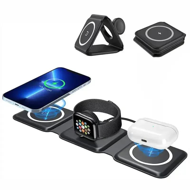 3 in 1 Magnetic Folding Wireless Mobile Portable Charger for Iphone, Apple Watch & Airpods Headphones, 1 Piece Charging Stand, Foldable Cellphone Charger, Portable Wireless Charger for Apple Series Android Cable Devices Smartphone Electronic