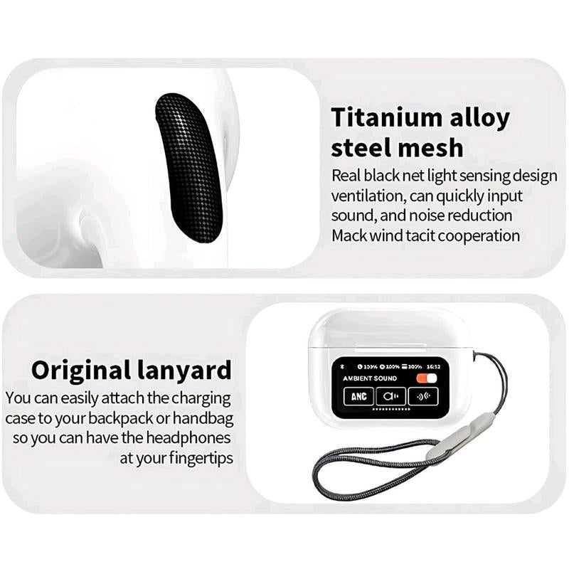Smart Touchscreen Bluetooth Earbuds - White Audio Headphone with Full-Color Display, AI Anti-Loss, Waterproof, 5.4 AI MCU, 12M Bluetooth Range