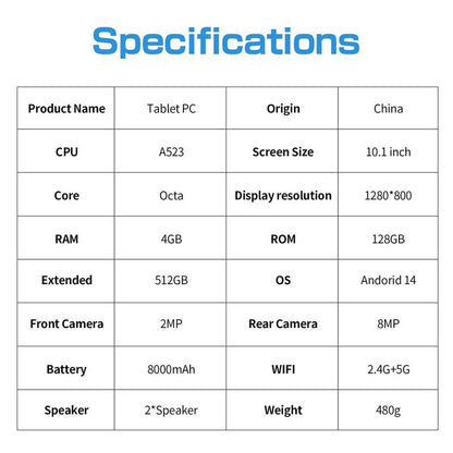 10.1 Inch Android 14 Tablet, Large Screen Entertainment Office Dual Channel Speaker Tablet, HD Screen Tablet with 128G Storage, 2.4G/5G Wifi Wireless Tablet, Portable Tablet