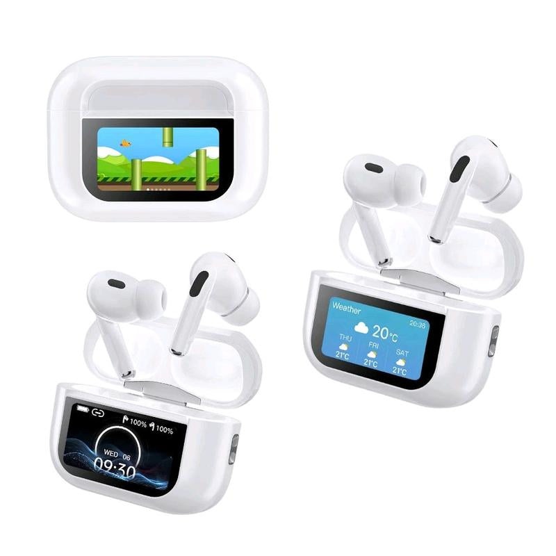 Smart Touchscreen Bluetooth Earbuds - White Audio Headphone with Full-Color Display, AI Anti-Loss, Waterproof, 5.4 AI MCU, 12M Bluetooth Range