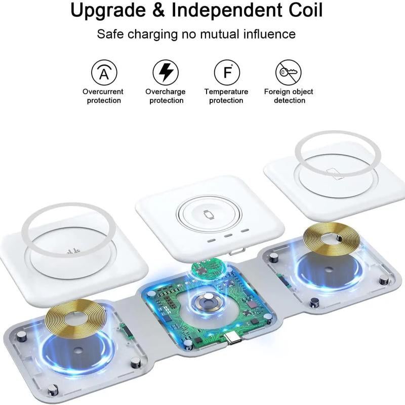 3 in 1 Magnetic Folding Wireless Mobile Portable Charger for Iphone, Apple Watch & Airpods Headphones, 1 Piece Charging Stand, Foldable Cellphone Charger, Portable Wireless Charger for Apple Series Android Cable Devices Smartphone Electronic