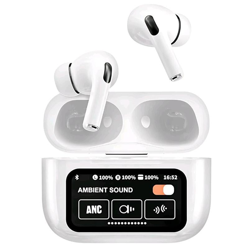 Smart Touchscreen Bluetooth Earbuds - White Audio Headphone with Full-Color Display, AI Anti-Loss, Waterproof, 5.4 AI MCU, 12M Bluetooth Range