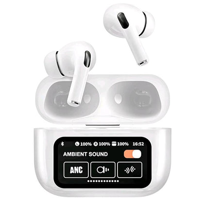 Smart Touchscreen Bluetooth Earbuds - White Audio Headphone with Full-Color Display, AI Anti-Loss, Waterproof, 5.4 AI MCU, 12M Bluetooth Range