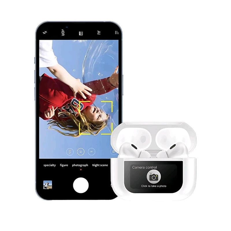 Smart Touchscreen Bluetooth Earbuds - White Audio Headphone with Full-Color Display, AI Anti-Loss, Waterproof, 5.4 AI MCU, 12M Bluetooth Range