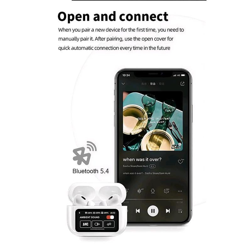 Smart Touchscreen Bluetooth Earbuds - White Audio Headphone with Full-Color Display, AI Anti-Loss, Waterproof, 5.4 AI MCU, 12M Bluetooth Range
